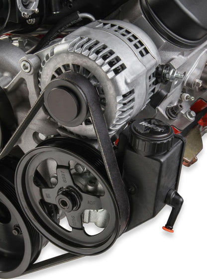 Premium Mid-Mount Race Accessory System-Black Finish LS Engine Drive Includes Alternator, P/S Pump, Tensioner, SFI Certified Damper W/hard Anodized Billet Crank Pulley, Belt, & Pulleys Holley