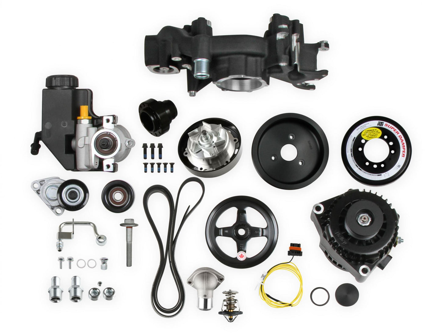 Premium Mid-Mount Race Accessory System-Black Finish LS Engine Drive Includes Alternator, P/S Pump, Tensioner, SFI Certified Damper W/hard Anodized Billet Crank Pulley, Belt, & Pulleys Holley-3