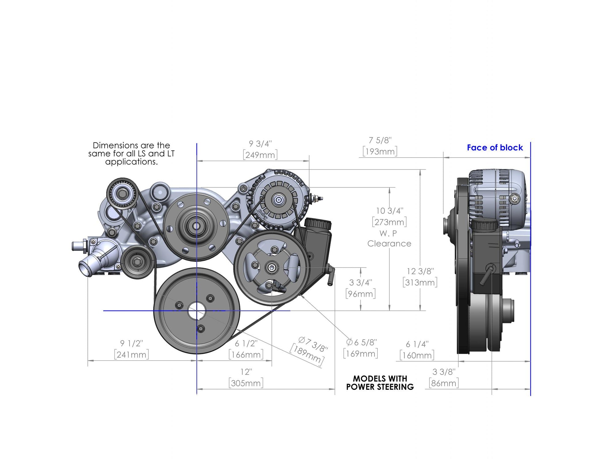 Premium Mid-Mount Race Accessory System-Black Finish LS Engine Drive Includes Alternator, P/S Pump, Tensioner, SFI Certified Damper W/hard Anodized Billet Crank Pulley, Belt, & Pulleys Holley-9