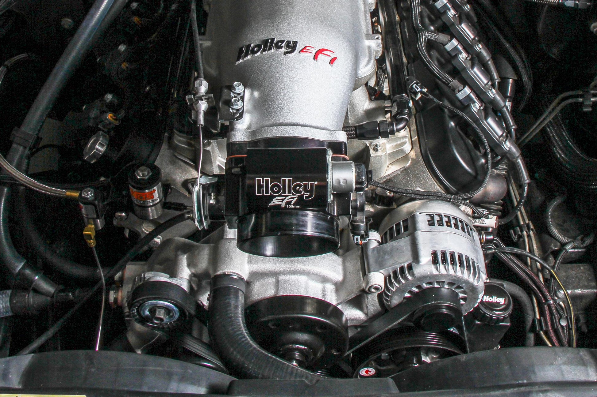 Premium Mid-Mount Race Accessory System LS Engine Drive Includes Alternator, P/S Pump, Tensioner, SFI Certified Damper W/hard Anodized Billet Crank Pulley, Belt, & Pulleys Holley-5