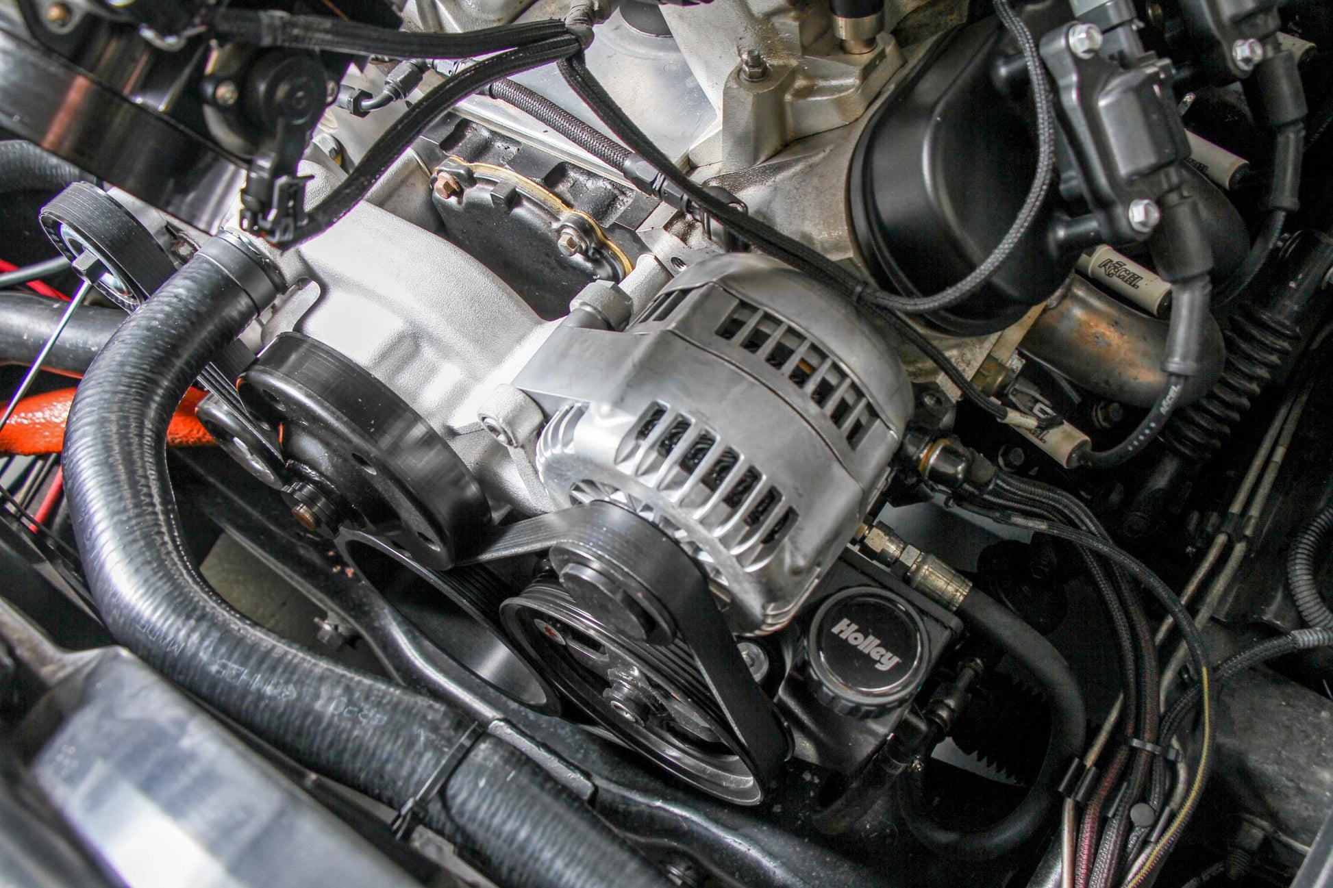Premium Mid-Mount Race Accessory System LS Engine Drive Includes Alternator, P/S Pump, Tensioner, SFI Certified Damper W/hard Anodized Billet Crank Pulley, Belt, & Pulleys Holley-7