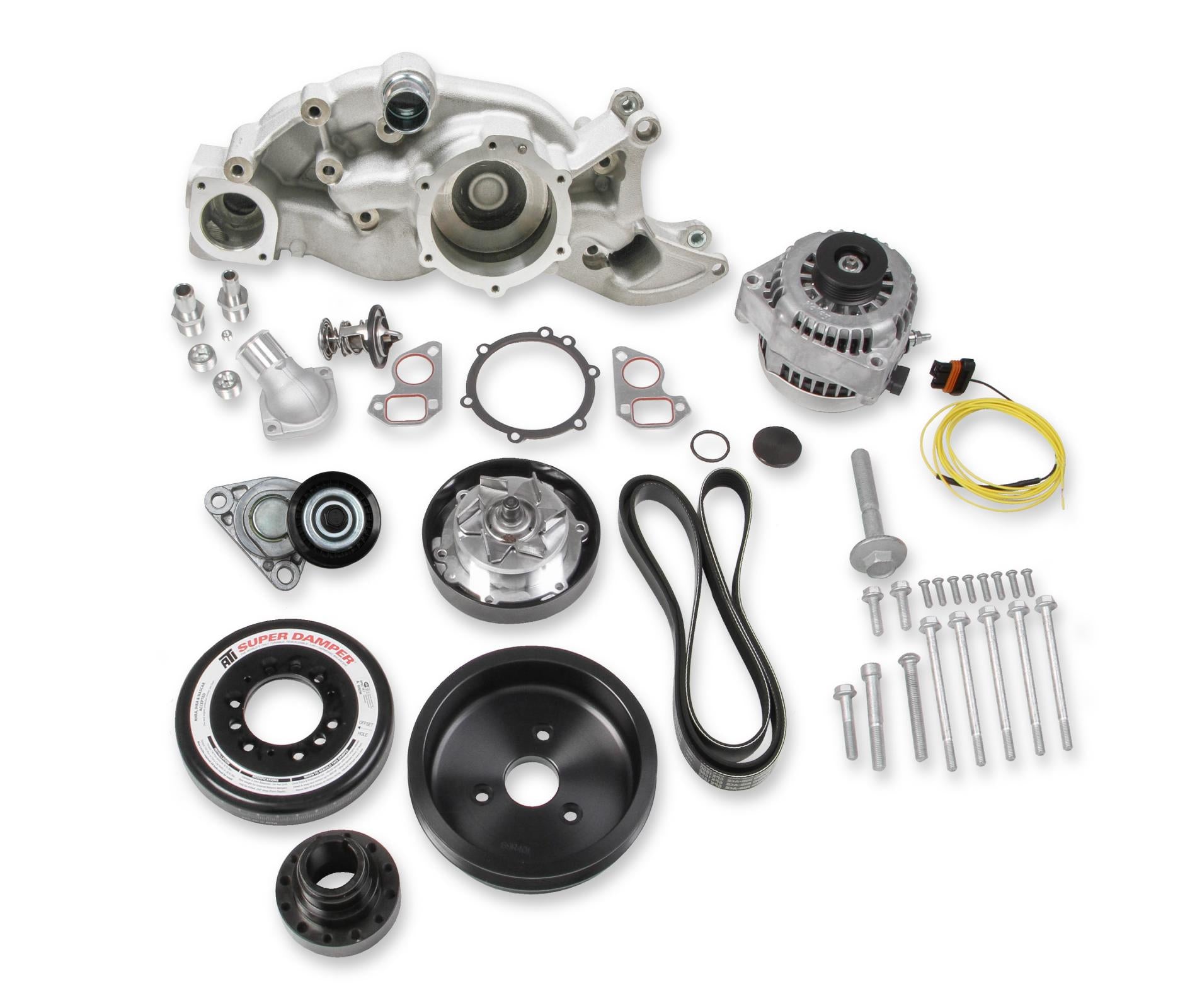Premium Mid-Mount Race Accessory System LS Engine Drive Includes Alternator, Tensioner, SFI Certified Damper W/hard Anodized Billet Crank Pulley, Belt, & Pulleys Holley-2