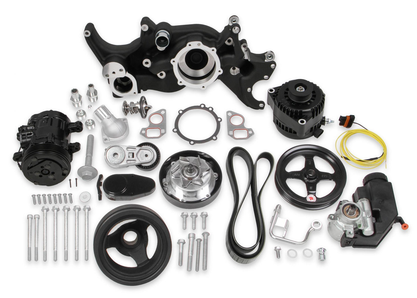 Black Mid-Mount Complete Accessory System LS Engine Drive Includes SD7 A/C Compressor, Alternator, P/S Pump, Tensioner, Crank Damper, Belt, & Pulleys Holley-2