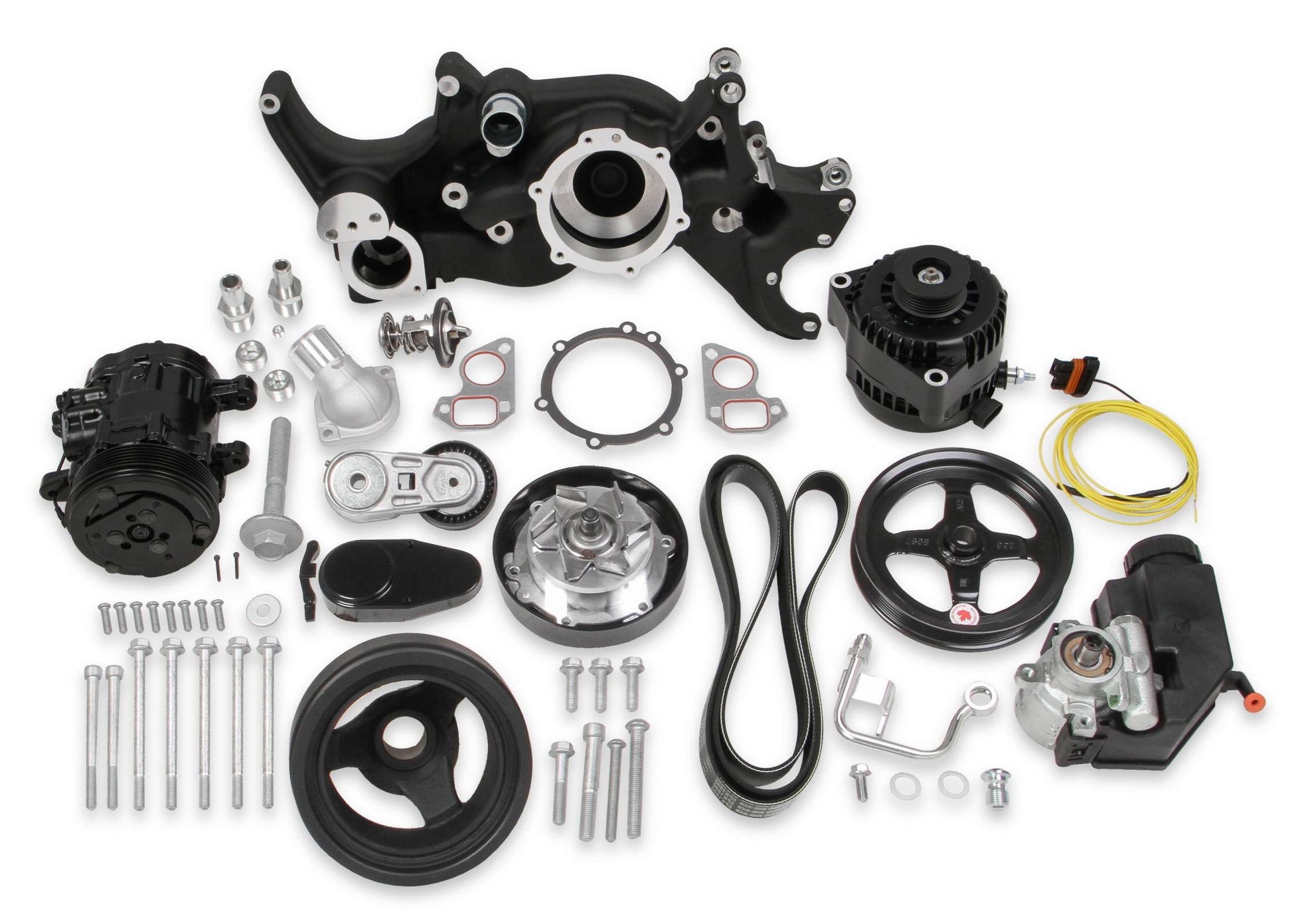 Black Mid-Mount Complete Accessory System LS Engine Drive Includes SD7 A/C Compressor, Alternator, P/S Pump, Tensioner, Crank Damper, Belt, & Pulleys Holley-2