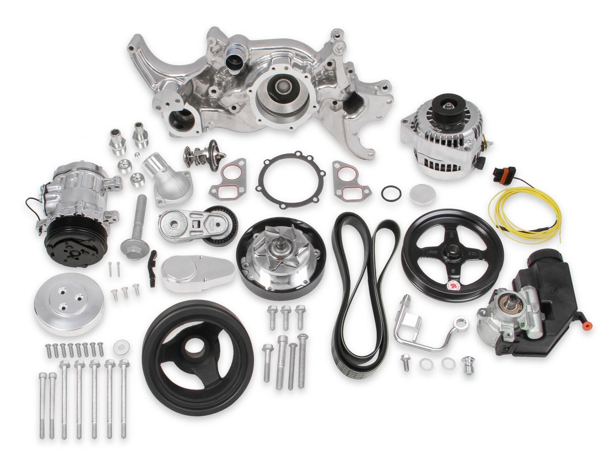 Polished Mid-Mount Complete Accessory System LS Engine Drive Includes SD7 A/C Compressor, Alternator, P/S Pump, Tensioner, Crank Damper, Belt, & Pulleys Holley-2