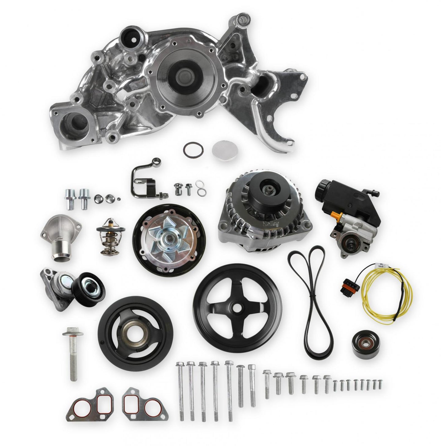Mid-Mount Race Accessory System- Polished Finish LS Engine Drive Includes Alternator, P/S Pump, Tensioner, Crank Damper, Belt, & Pulleys Holley