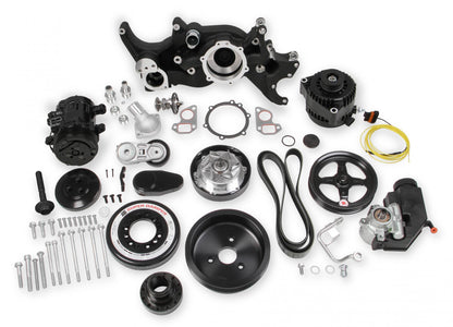 Premium Black Mid-Mount LS7 Complete Accessory System Dry Sump LS7 Engine Drive Includes SD7 A/C Compressor, Alternator, P/S Pump, Tensioner, SFI Certified Damper W/hard Anodized Billet Crank Pulley, Belt, & Pulleys Fits Dry Sump Engines Holley