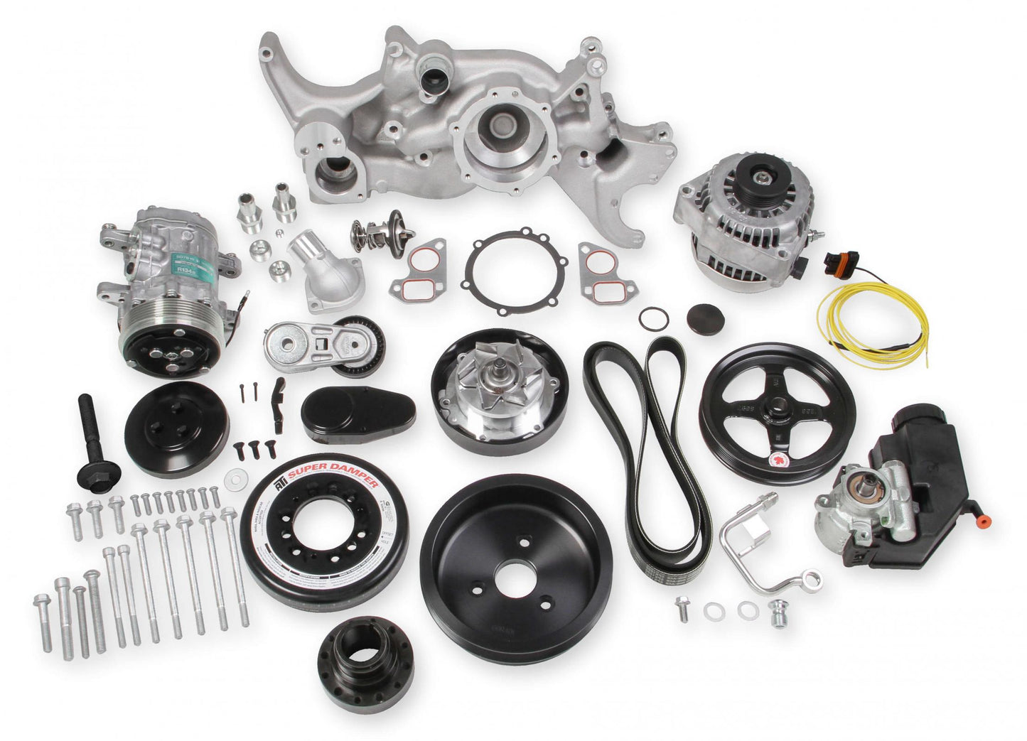 Premium Mid-Mount LS7 Complete Accessory System Dry Sump LS7 Engine Drive Includes SD7 A/C Compressor, Alternator, P/S Pump, Tensioner, SFI Certified Damper W/hard Anodized Billet Crank Pulley, Belt, & Pulleys Fits Dry Sump Engines Holley-2