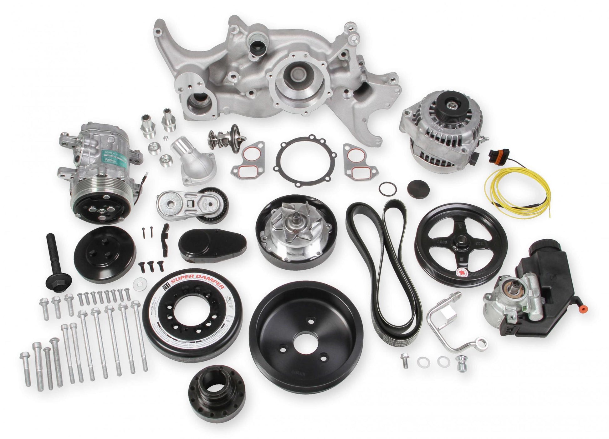 Premium Mid-Mount LS7 Complete Accessory System Dry Sump LS7 Engine Drive Includes SD7 A/C Compressor, Alternator, P/S Pump, Tensioner, SFI Certified Damper W/hard Anodized Billet Crank Pulley, Belt, & Pulleys Fits Dry Sump Engines Holley-2