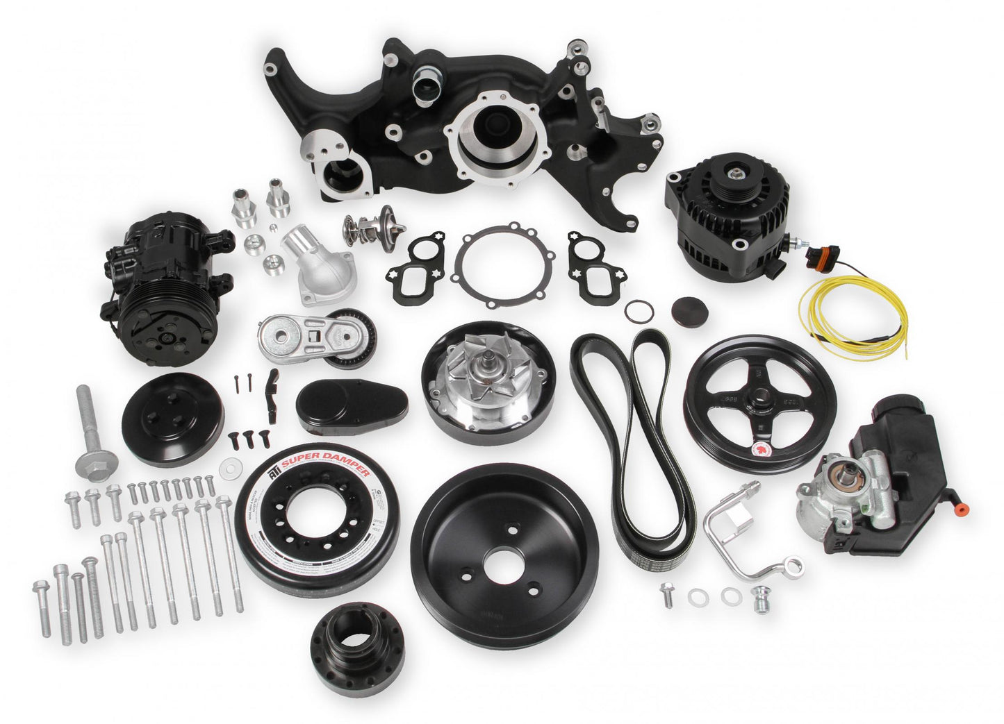 Premium Mid-Mount Complete Accessory System SFI Certified Damper Black Complete GM Gen V LT Accessory Drive System W/ Alt, P/S, A/C, Water Pump, SFI Certified Damper W/hard Anodized Billet Crank Pulley, Belts, and Crankshaft Damper Holley-2