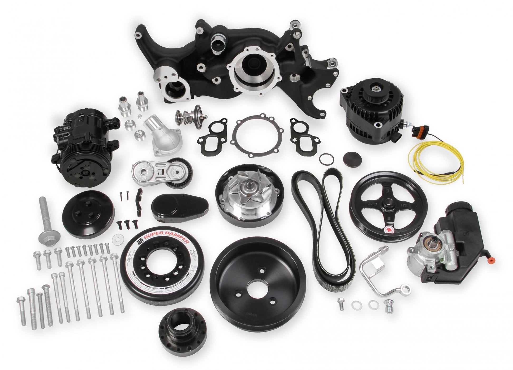 Premium Mid-Mount Complete Accessory System SFI Certified Damper Black Complete GM Gen V LT Accessory Drive System W/ Alt, P/S, A/C, Water Pump, SFI Certified Damper W/hard Anodized Billet Crank Pulley, Belts, and Crankshaft Damper Holley-2