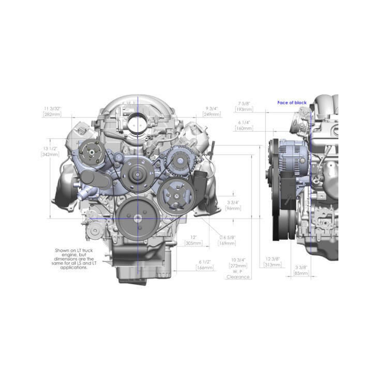 Premium Mid-Mount Complete Accessory System Gen V LT Engines Polished Complete GM Gen V LT Accessory Drive System W/ Alt, P/S, A/C, Water Pump, SFI Certified Damper W/hard Anodized Billet Crank Pulley, Belts, and Crankshaft Damper Holley