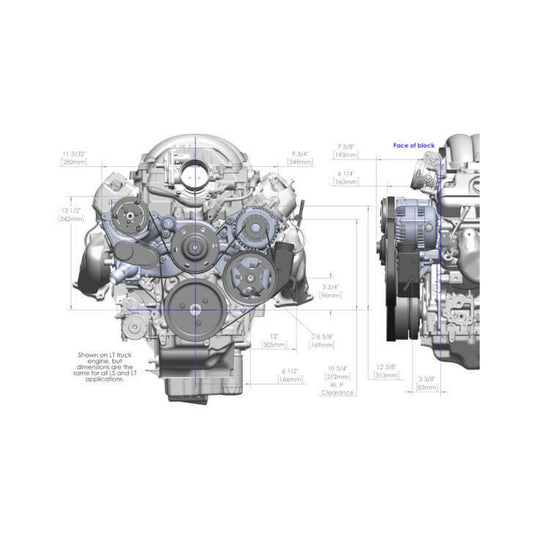 Premium Mid-Mount Complete Accessory System Gen V LT Engines Polished Complete GM Gen V LT Accessory Drive System W/ Alt, P/S, A/C, Water Pump, SFI Certified Damper W/hard Anodized Billet Crank Pulley, Belts, and Crankshaft Damper Holley