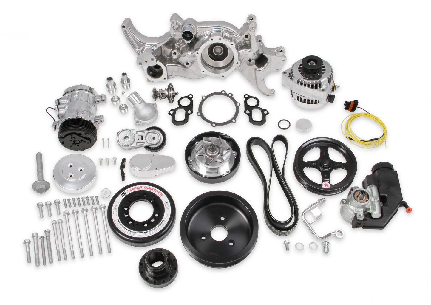 Premium Mid-Mount Complete Accessory System Gen V LT Engines Polished Complete GM Gen V LT Accessory Drive System W/ Alt, P/S, A/C, Water Pump, SFI Certified Damper W/hard Anodized Billet Crank Pulley, Belts, and Crankshaft Damper Holley-2