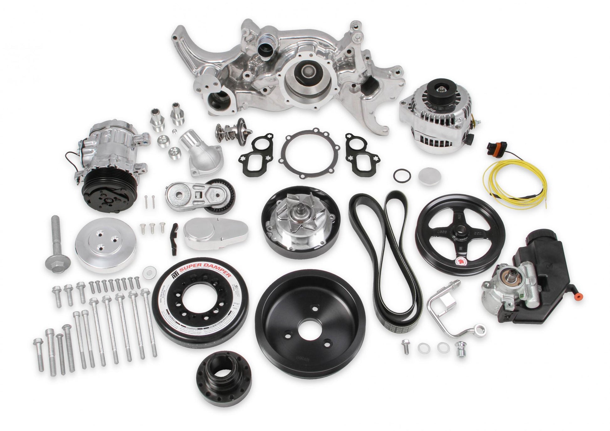 Premium Mid-Mount Complete Accessory System Gen V LT Engines Polished Complete GM Gen V LT Accessory Drive System W/ Alt, P/S, A/C, Water Pump, SFI Certified Damper W/hard Anodized Billet Crank Pulley, Belts, and Crankshaft Damper Holley-2