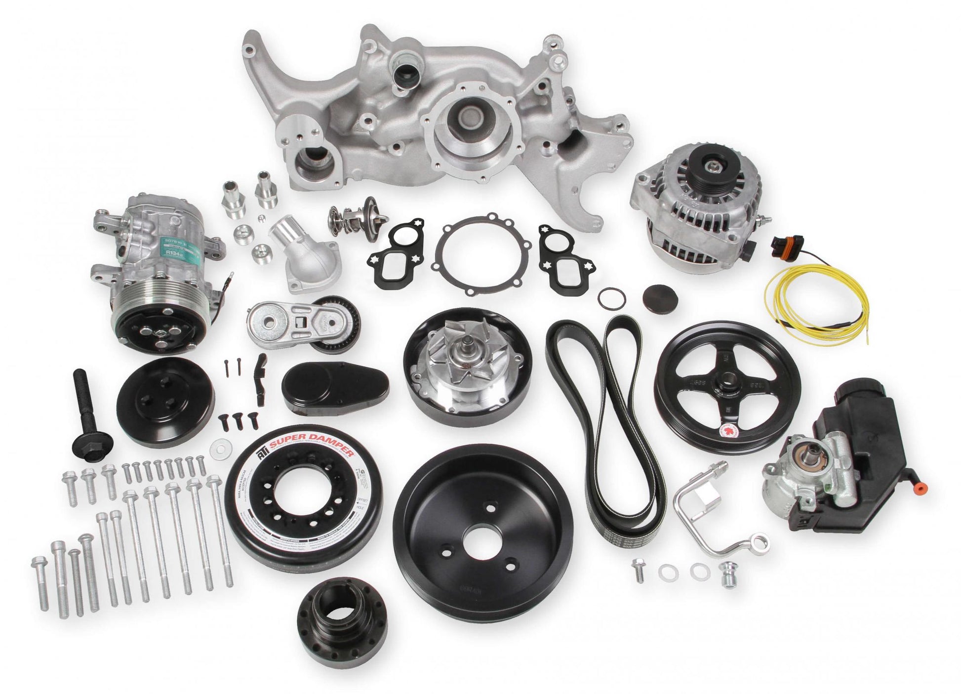 Premium Mid-Mount Complete Accessory System Gen V LT Engines SFI Certified Damper Natural Complete GM Gen V LT Accessory Drive System W/ Alt, P/S, A/C, Water Pump W/hard Anodized Billet Crank Pulley, Belts, and Crankshaft Damper Holley-9