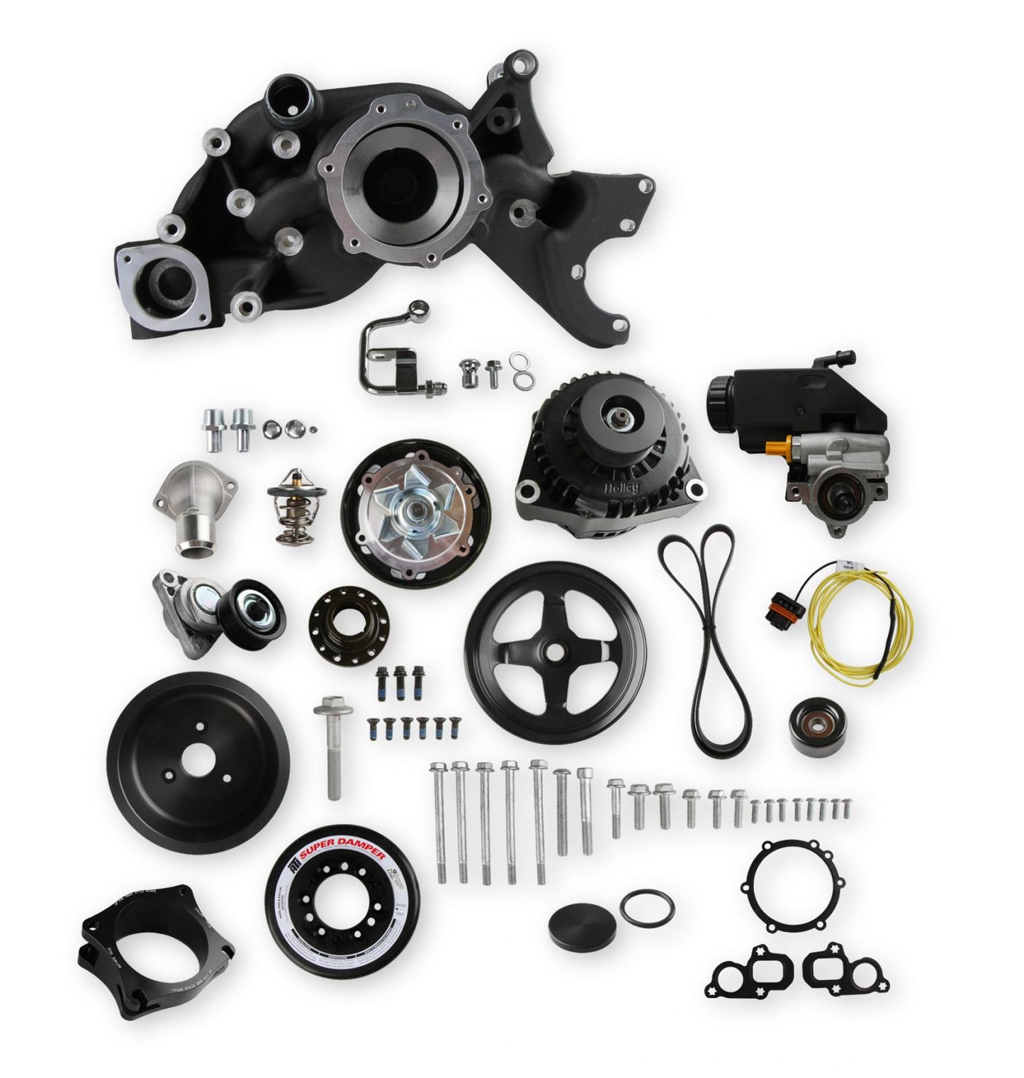 Premium Mid-Mount Race Accessory System Black Finish Fits Gen V LT Engine Includes Alternator, P/S Pump, Tensioner, SFI Certified Damper W/hard Anodized Billet Crank Pulley, Belt, & Pulleys Holley-8