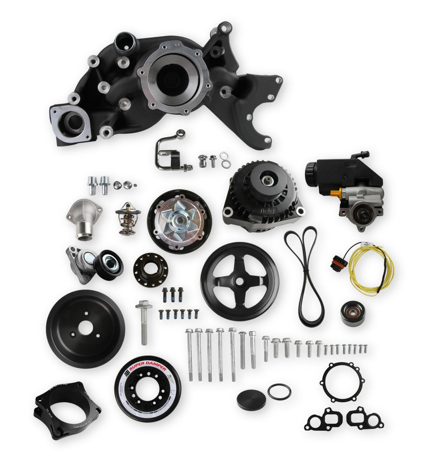 Premium Mid-Mount Race Accessory System Black Finish Fits Gen V LT Engine Includes Alternator, P/S Pump, Tensioner, SFI Certified Damper W/hard Anodized Billet Crank Pulley, Belt, & Pulleys Holley-8