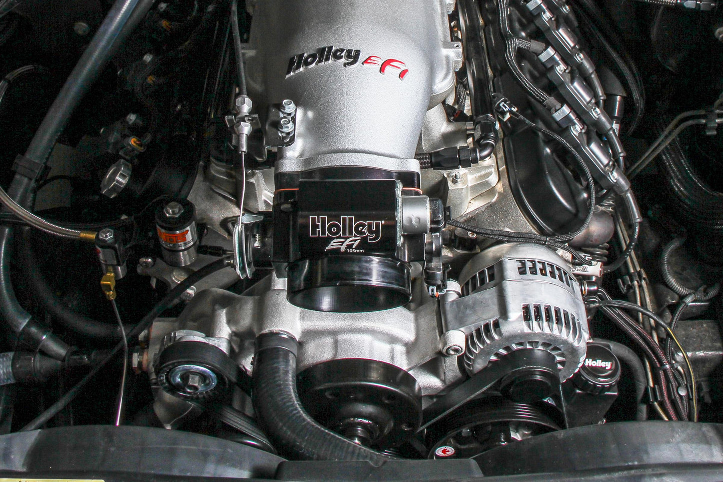 Premium Mid-Mount Race Accessory System Natural Fits Gen V LT Engine Includes Alternator, P/S Pump, Tensioner, SFI Certified Damper W/hard Anodized Billet Crank Pulley, Belt, & Pulleys Holley-5