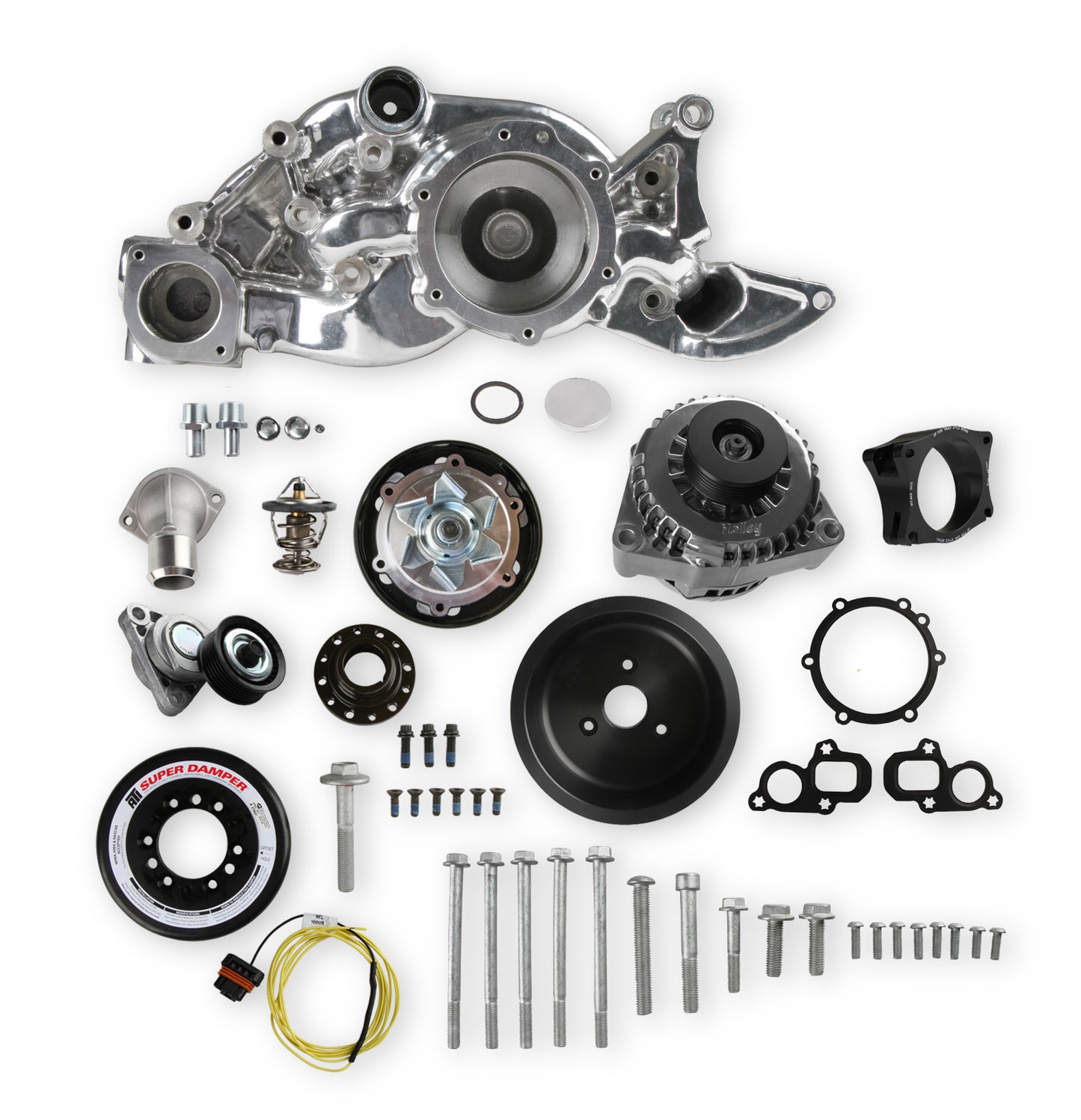 Premium Mid-Mount Race Accessory System Polished Finish Fits Gen V LT Engine Includes Alternator, P/S Pump, Tensioner, SFI Certified Damper W/hard Anodized Billet Crank Pulley, Belt, & Pulleys Holley-17