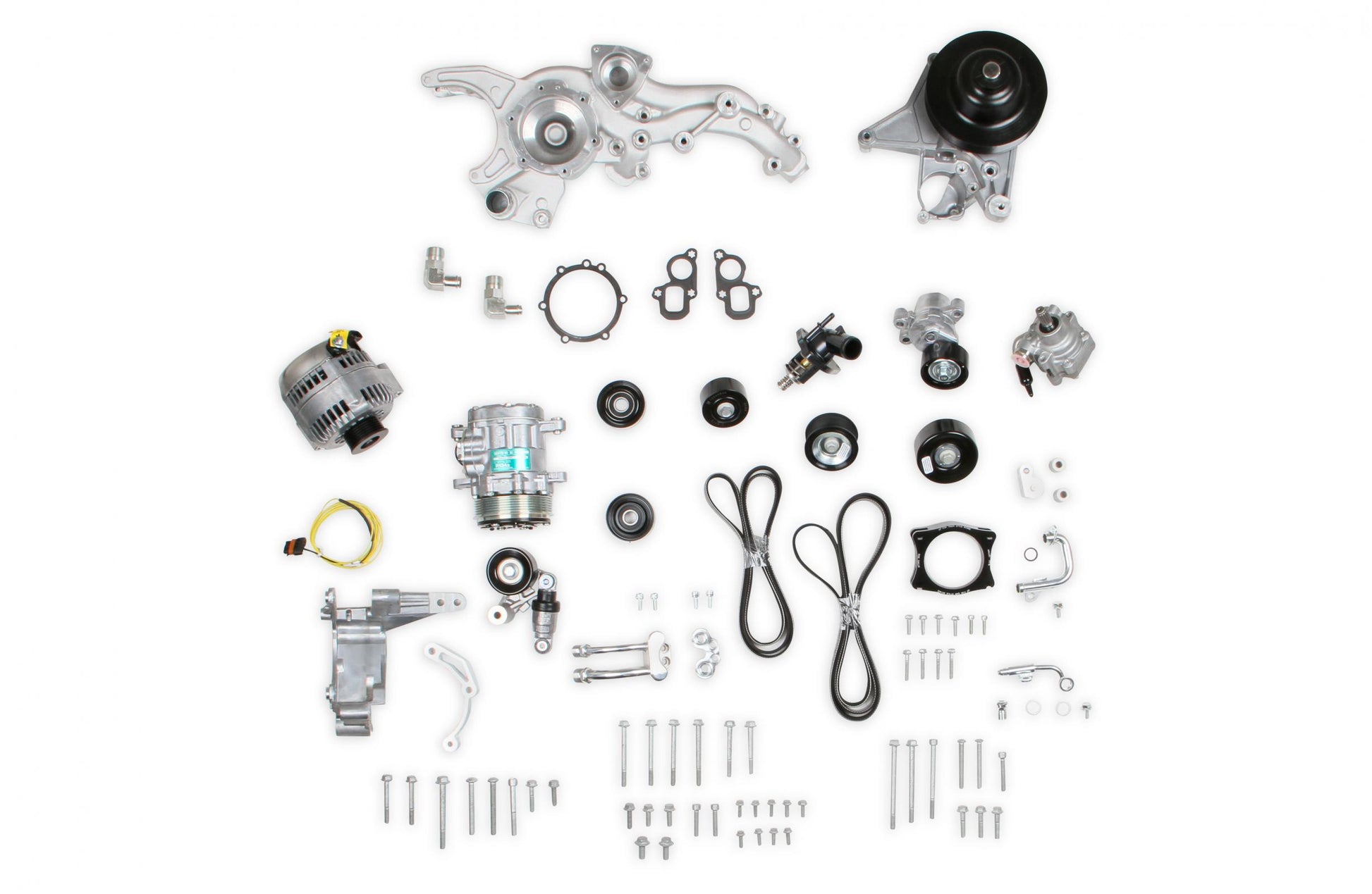 Premium Mid-Mount Complete Accessory System -GM Gen V LT4 Dry Sump Engines Complete GM Gen V LT4 Accessory Drive System W/ Alt, P/S, A/C, Water Pump, Belts, and Hardware Holley