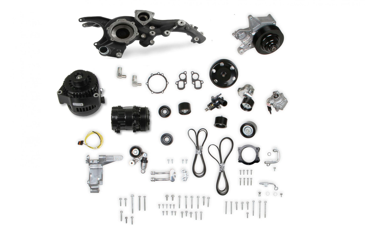 Premium Mid-Mount Complete Accessory System GM Gen V LT5 Dry Sump Engines Black Finish Complete GM Gen V LT5 Accessory Drive System W/ Alt, P/S, A/C, Water Pump, Belts, and Hardware Holley-4