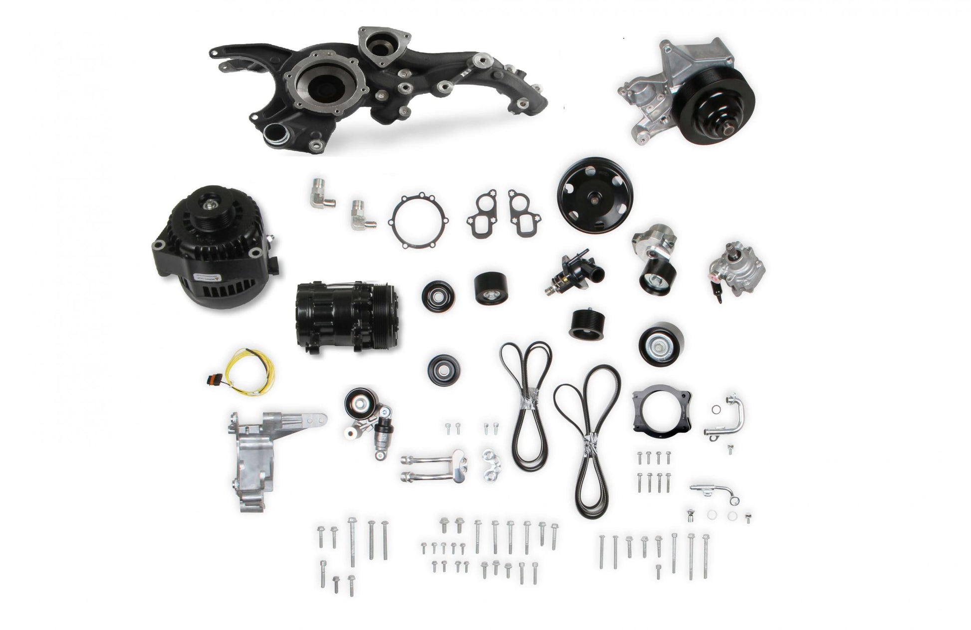Premium Mid-Mount Complete Accessory System GM Gen V LT5 Dry Sump Engines Black Finish Complete GM Gen V LT5 Accessory Drive System W/ Alt, P/S, A/C, Water Pump, Belts, and Hardware Holley-4