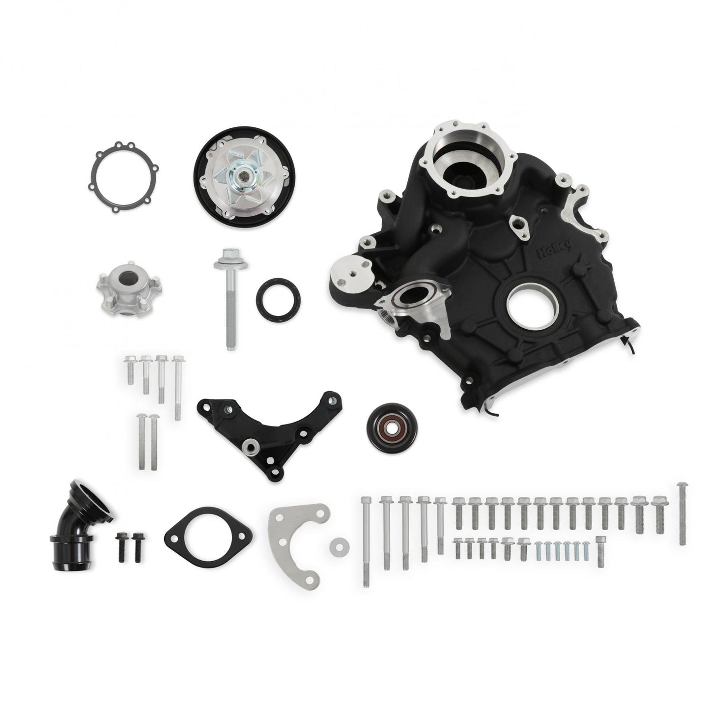 Godzilla High-Mount Accessory Drive OE Oiling System Base Kit Black Fits Ford 7.3L Godzilla Includes Timing Cover/coolant Manifold, Water Pump, and Alternator Bracket Holley-6