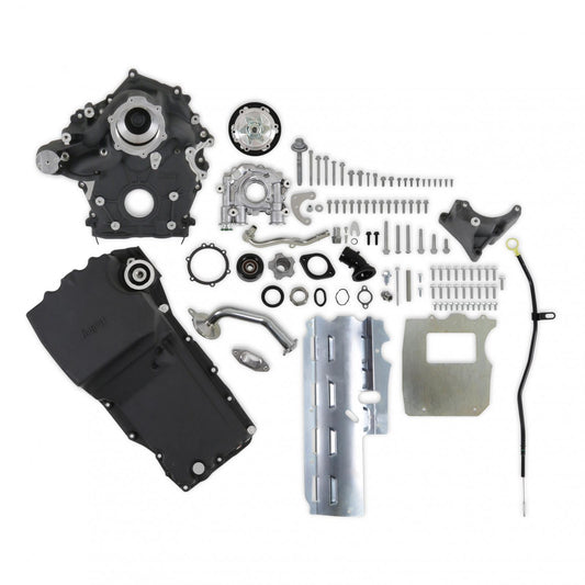 Godzilla High-Mount Accessory Drive with Swap Oil Pan and Pump Base Kit Black Fits Ford 7.3L Godzilla Includes Timing Cover/coolant Manifold, Water Pump, Oil Pump, and Oil Pan Holley
