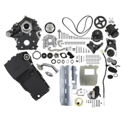 Godzilla High-Mount Accessory Drivewith Swap Oil Pan and Pump Complete Kit Black Fits Ford 7.3L Godzilla Includes Timing Cover/coolant Manifold, SD7 A/C Compressor, Alternator, P/S Pump, Tensioner, Water Pump, Belt & Pulleys, Oil Pump, and Oil Pan Holley-13