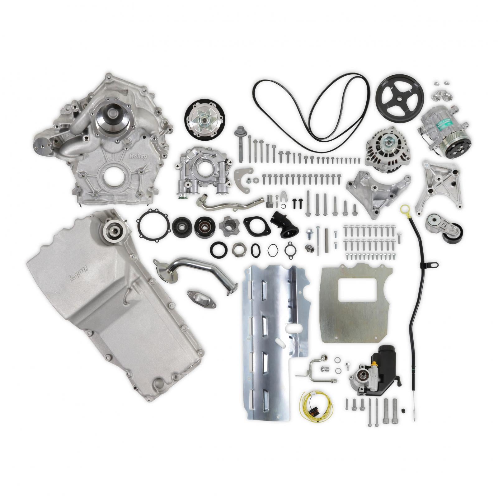 Godzilla High-Mount Accessory Drive with Swap Oil Pan and Pump Complete Kit Fits Ford 7.3L Godzilla Includes Timing Cover/coolant Manifold, SD7 A/C Compressor, Alternator, P/S Pump, Tensioner, Water Pump, Belt & Pulleys, Oil Pump, and Oil Pan Holley-14
