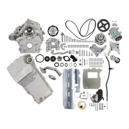 Godzilla High-Mount Accessory Drive with Swap Oil Pan and Pump Complete Kit Fits Ford 7.3L Godzilla Includes Timing Cover/coolant Manifold, SD7 A/C Compressor, Alternator, P/S Pump, Tensioner, Water Pump, Belt & Pulleys, Oil Pump, and Oil Pan Holley-14