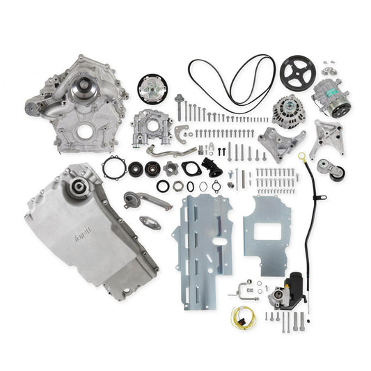 Godzilla High-Mount Accessory Drive F100 Swap Complete Natural Fits Ford 7.3L Godzilla Includes Timing Cover/coolant Manifold, SD7 A/C Compressor, Alternator, P/S Pump, Tensioner, Water Pump, Belt & Pulleys, Oil Pump, and Oil Pan Holley