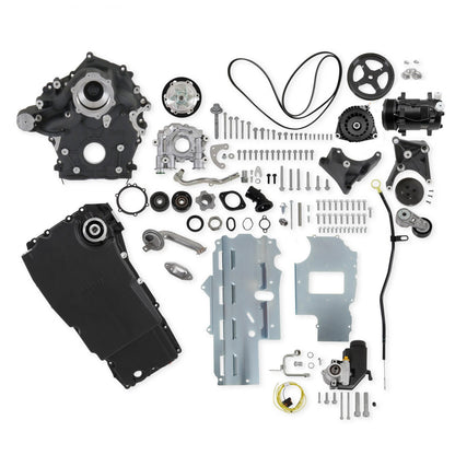 Godzilla High-Mount Accessory Drive F100 Swap Complete Black Fits Ford 7.3L Godzilla Includes Timing Cover/coolant Manifold, SD7 A/C Compressor, Alternator, P/S Pump, Tensioner, Water Pump, Belt & Pulleys, Oil Pump, and Oil Pan Holley-4