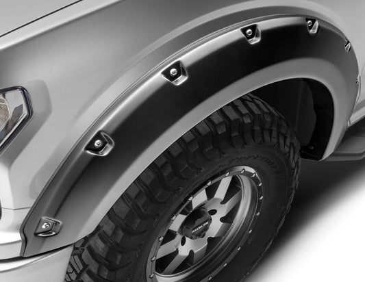 Black Pocket/Rivet Style Smooth Finish Front Fender Flares For 2018-2020 F150 W/78.9/97.6 Inch Bed 2018-2020 F150 W/67.1 Inch Bed Bushwacker