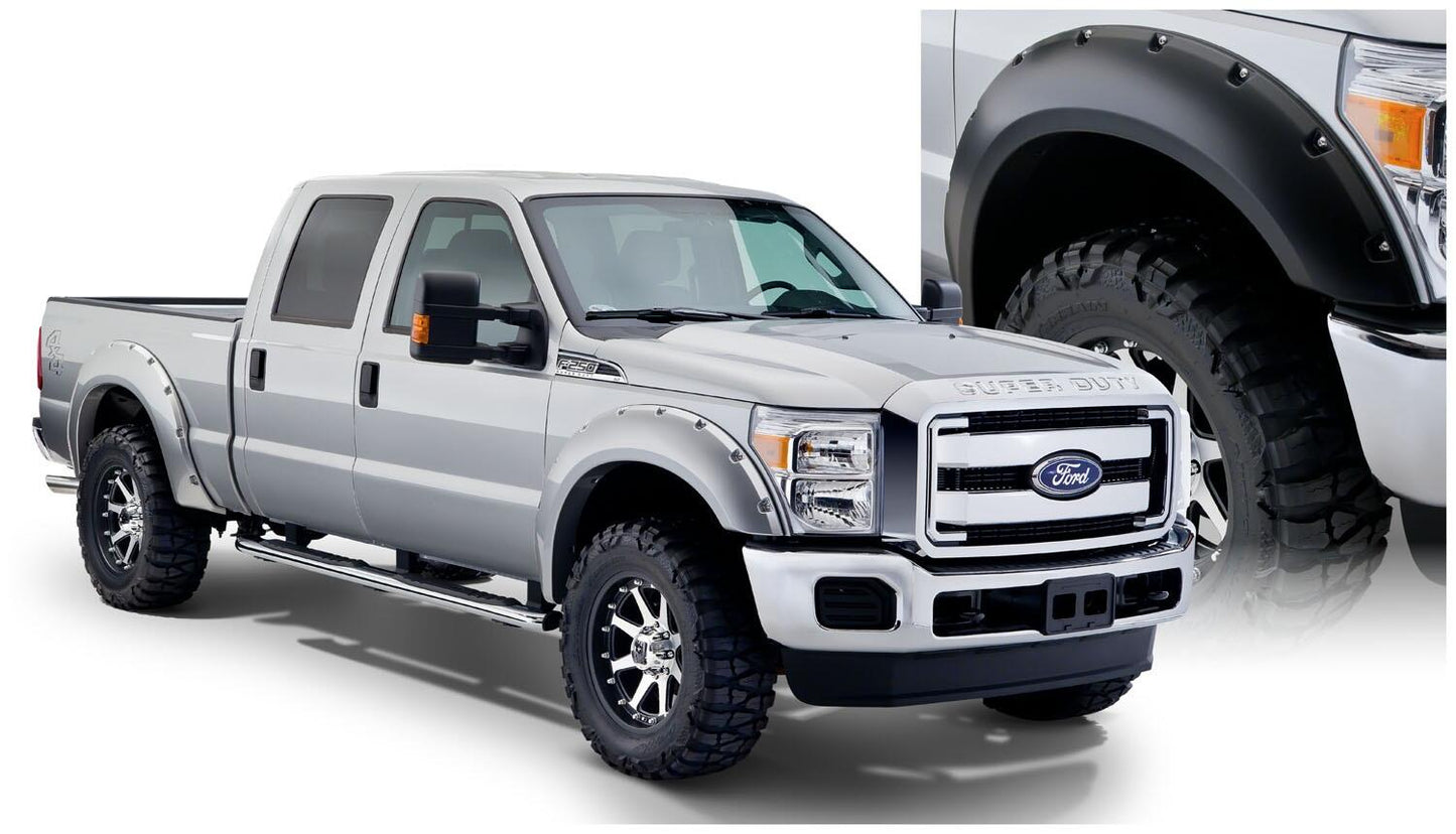 Black Pocket/Rivet Style Smooth Finish 4-Piece Fender Flare Set For 2008-2010 Ford F250/F350 Super Duty Bushwacker-1