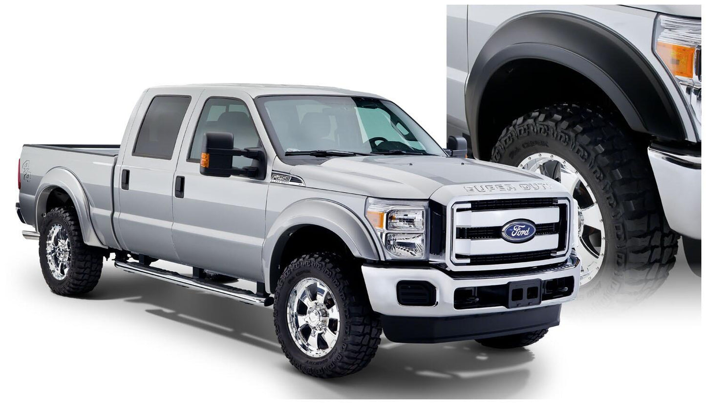 Black Extendafender Style Smooth Finish 4-Piece Fender Flare Set For 2011-2016 Ford F250/F350 Super Duty (Excludes Dually) Bushwacker
