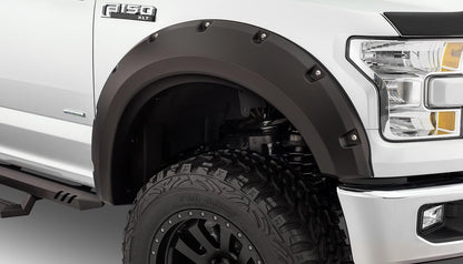 Black Max Coverage Pocket/Rivet Style Smooth Finish 4-Piece Fender Flare Set For 2015-2017 Ford F150 (Excludes Models With Tech Package) Bushwacker