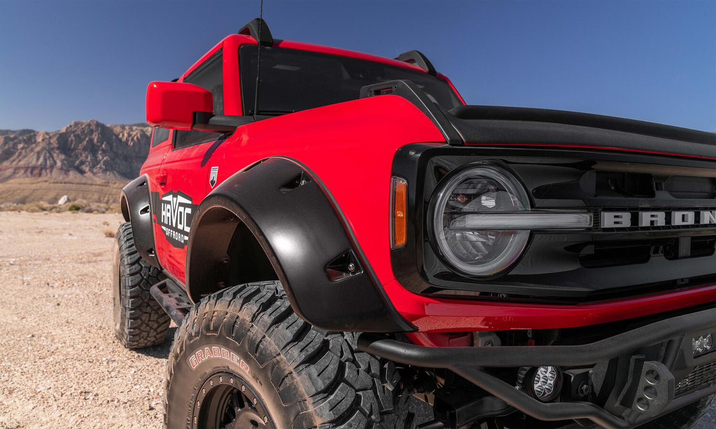 Black Pocket/Rivet Style Smooth Finish Front Fender Flares For 2021-2023 Ford Bronco 2-DR Bushwacker-1