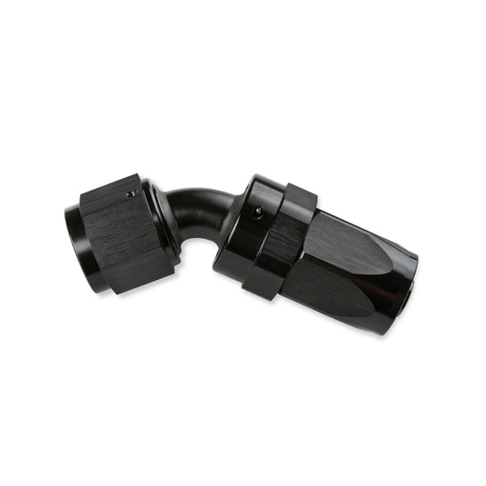 Swivel Hose End -6 AN 45 Degree Swivel Hose End Black Black Satin Anodized Finish Mr Gasket