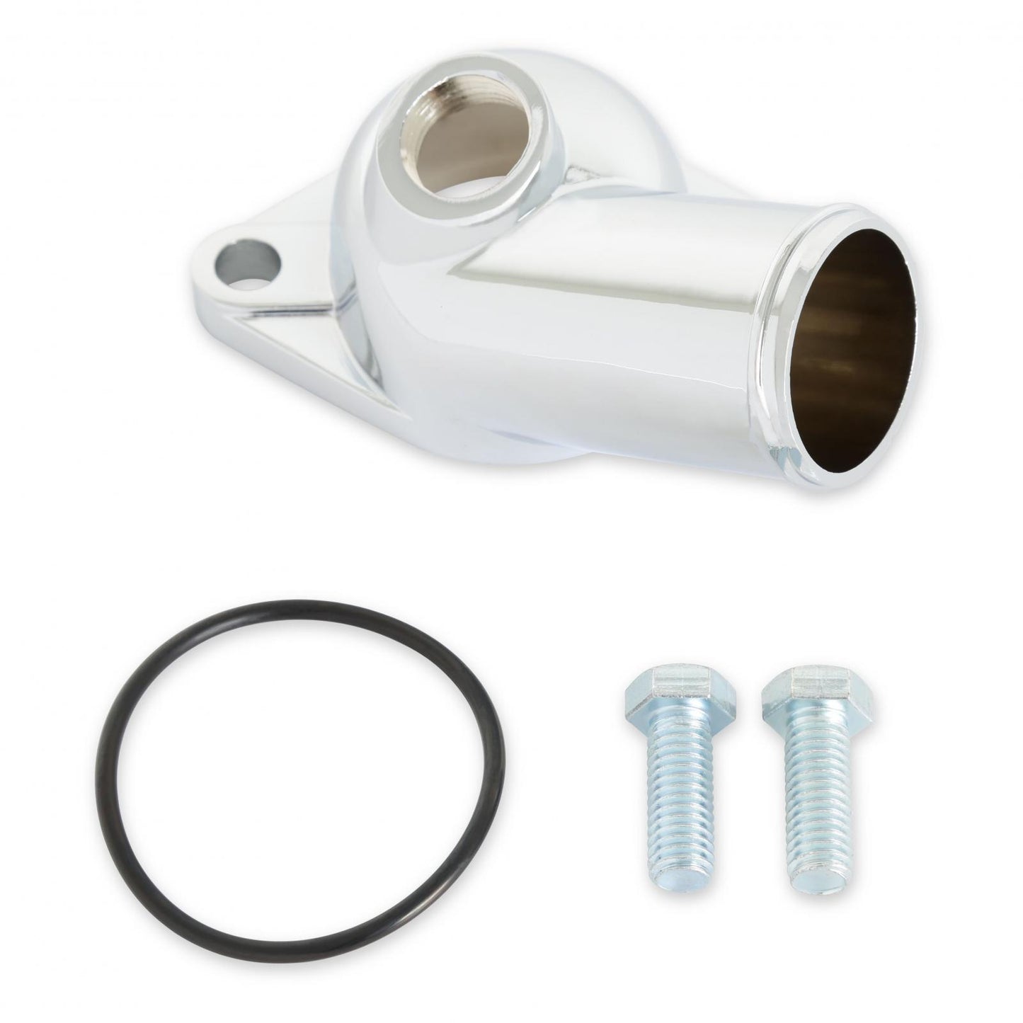 O-Ring Style Chrome Water Neck Fits 1967-1979 Chevrolet V8, has 1/2 Inch NPT Vacuum Switch Port Mr Gasket