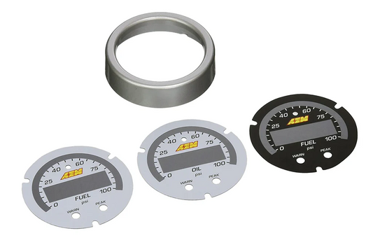 X-Series Fluid Pressure Gauge Accessory Kit Silver Bezel and Black Fuel Pressure Faceplate White Oil and Fuel Pressure Faceplates AEM Electronics-1