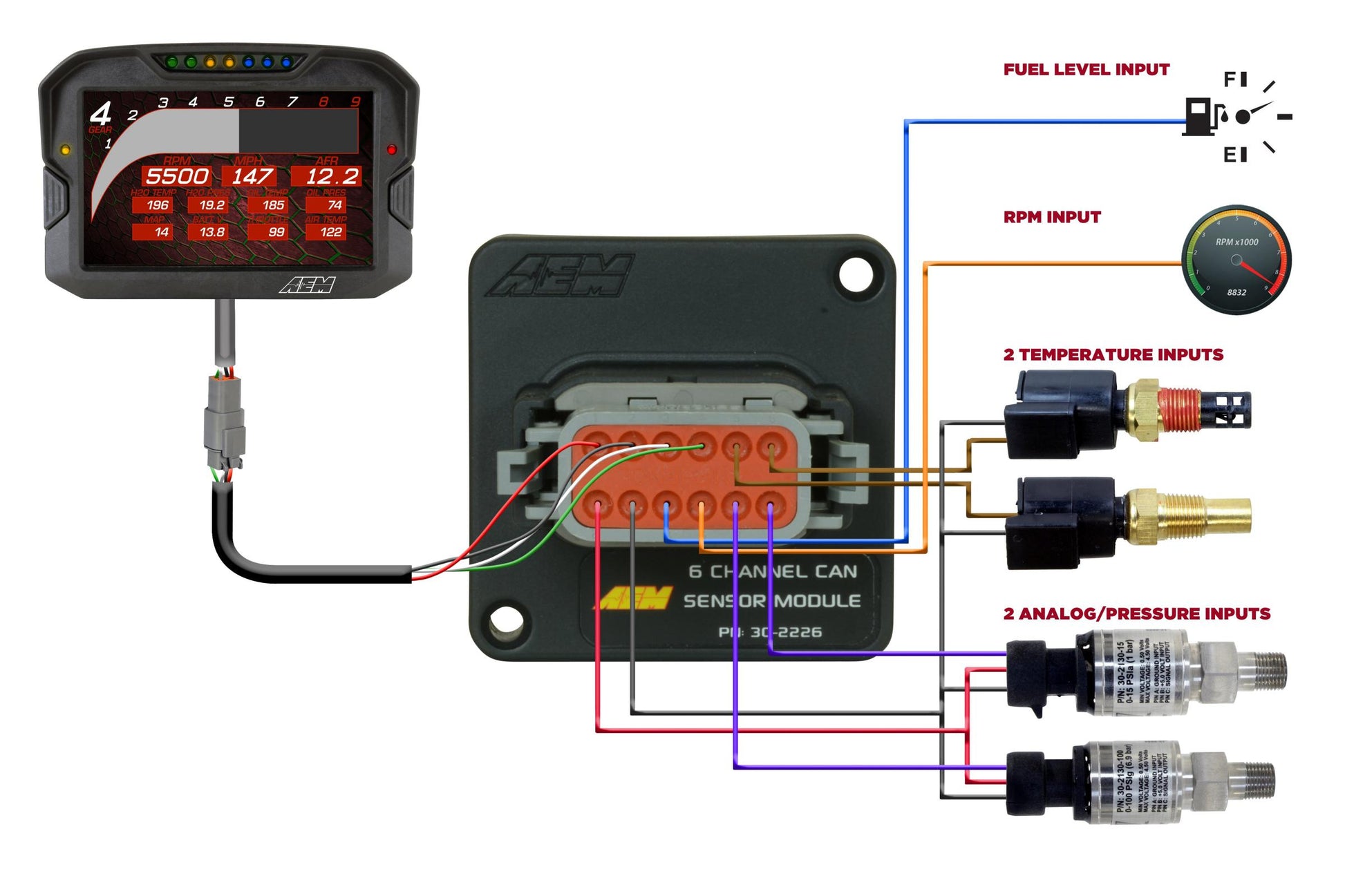 6 Channel CAN Module Converts two analog temp channels, two analog pressure channels, a tach input and fuel level input to AEMnet CANbus AEM Electronics-4