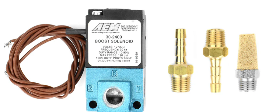 Boost Control Solenoid Kit 2 x 1/8 Inch NPT to 3/16 Inch Barb Adapter and Muffler AEM Electronics