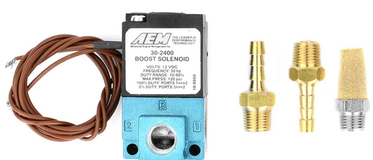 Boost Control Solenoid Kit 2 x 1/8 Inch NPT to 3/16 Inch Barb Adapter and Muffler AEM Electronics