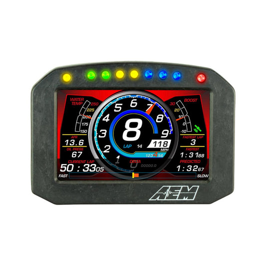 CD-5F Carbon Flat Panel Non-Logging/ Non-GPS Display 5-inch diagonal screen, carbon fiber enclosure, wiring harness included, Does Not Include Buttons (See PN 30-3610) AEM Electronics