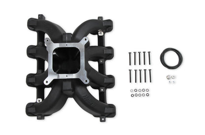 Single Plane Split-Design Race Intake Manifold- GM LS1/LS2/LS6- Black Carbureted Single Plane Split-Design Race Intake Manifold Fits All GM LS Gen III or IV Engines Equipped with LS1/LS2/LS6 Style Cathedral Port Cylinder Heads Holley-6