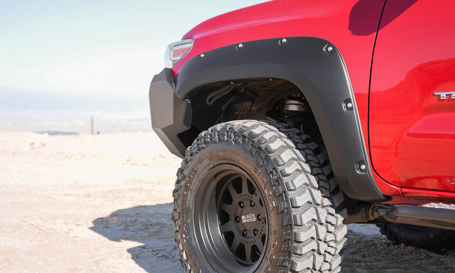 Black Pocket/Rivet Style Smooth Finish Front Fender Flares For 2016-2022 Toyota Tacoma Bushwacker-1