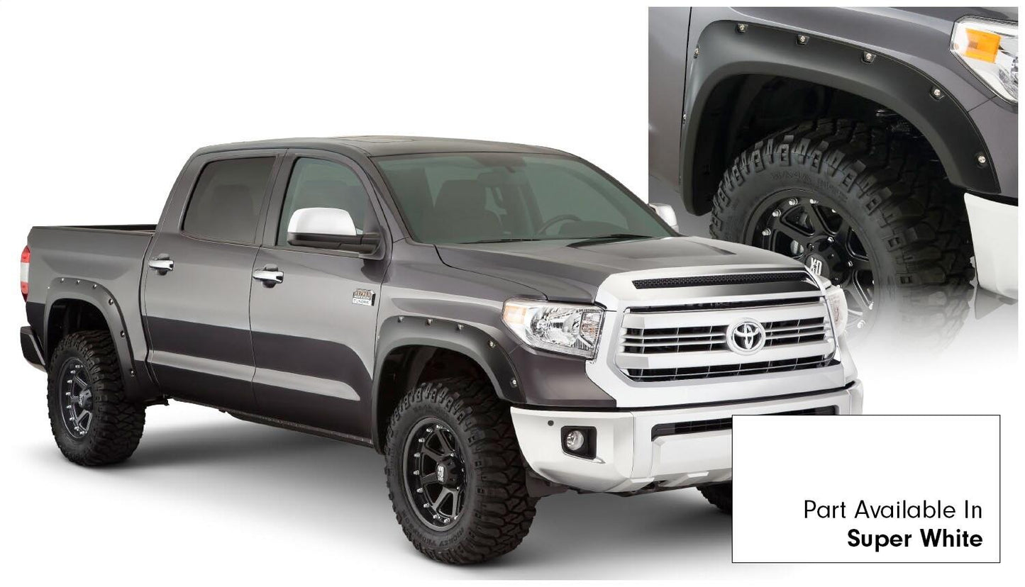 Pocket/Rivet Style Color Matched Super White 4-Piece Fender Flare Set For 2017-2021 Toyota Tundra, Must Remove Mudflaps Bushwacker