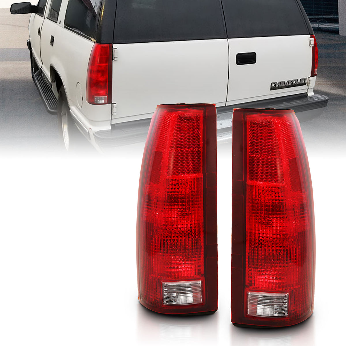 Tail Light Set Circuit Board Included Pair Chrome Housing Red/Clear Lens Cadillac Escalade 1999-2000, Chevrolet Blazer 1992-1994, C1500/C2500/C3500/K1500/K2500/K3500 1988-1999, Chevrolet Suburban 1500/Tahoe 1995-1999, GMC Yukon 1992-1999 AnzoUSA
